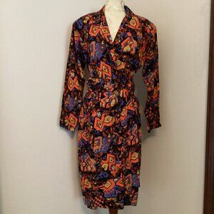 VTG 80s STUDIO 1 GRAPHIC POP PRINT BELTED FAUX WRAP DRESS 8 RETRO NEW WAVE PUNK